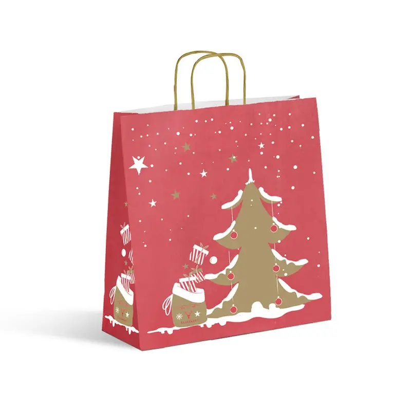 Sac de Noël en kraft blanc — Motif traditionnel rouge et or — 4 formats