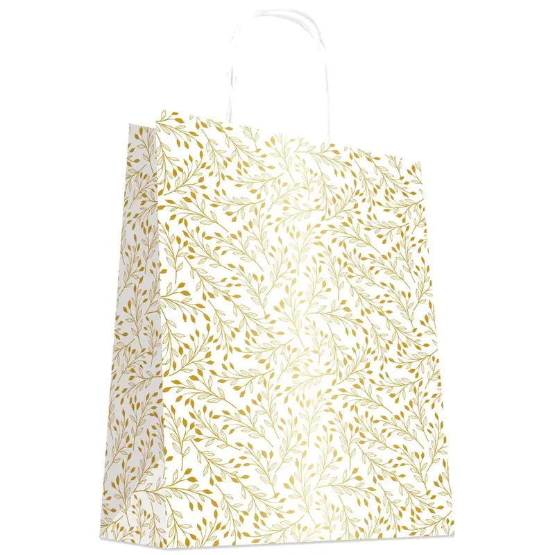 Sac kraft blanc motif végétal doré à poignées torsadées