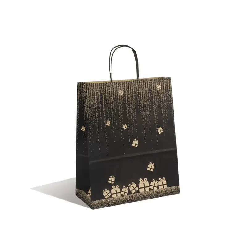 Sac kraft brun motif cadeaux poignées torsadées noires