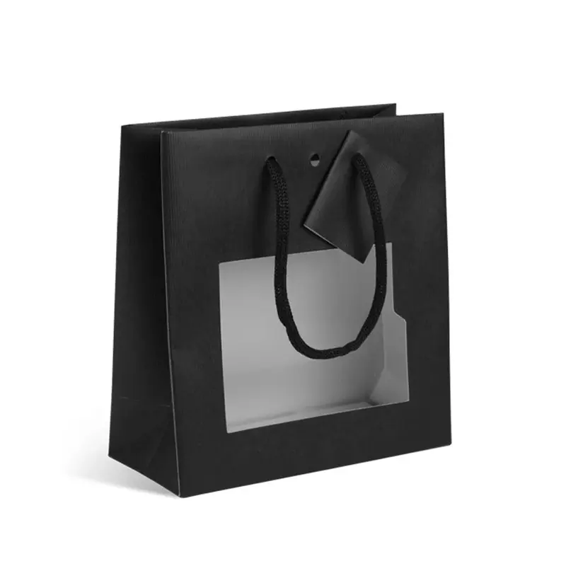 Sac vitrine noir pelliculé avec fenêtre et poignées cordelières