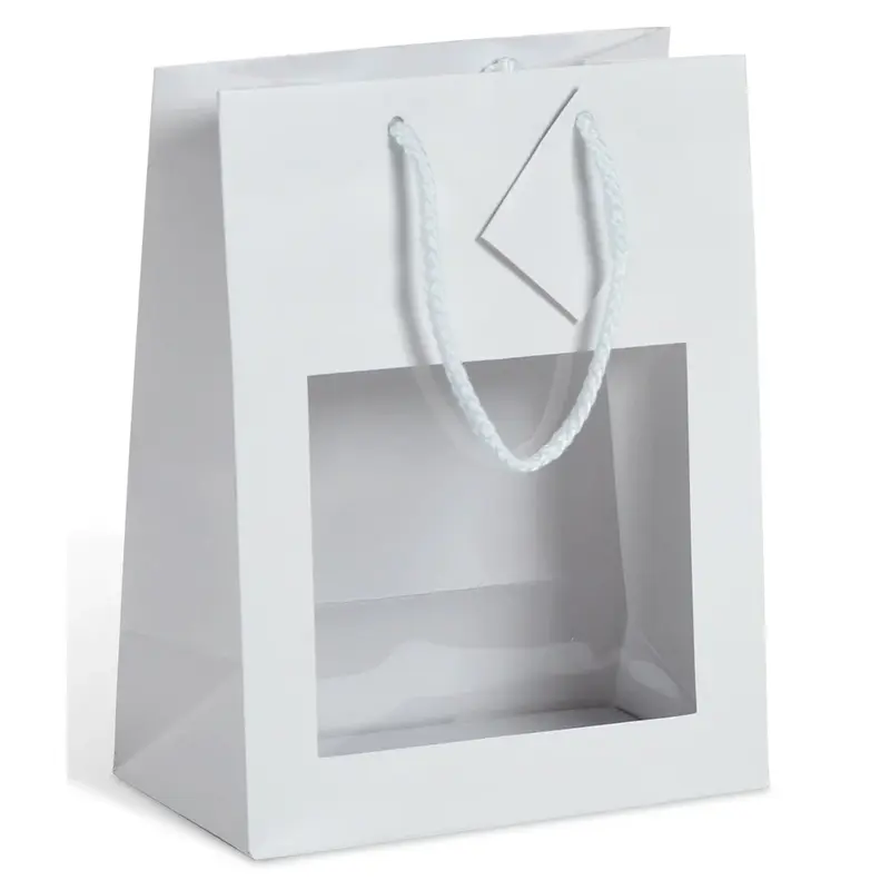 Sac vitrine pelliculé blanc avec fenêtre et poignées cordelières