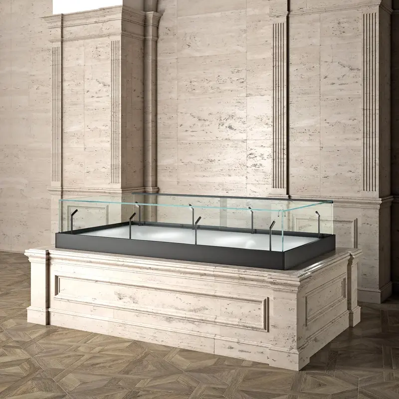 Table vitrée muséale à poser – éclairage LED 4000 K, verre trempé 8 mm