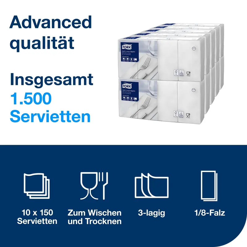 Tork, Soft Lunchservietten, 33x33cm, 3lg, 1/8-Falz, weiß, VPE