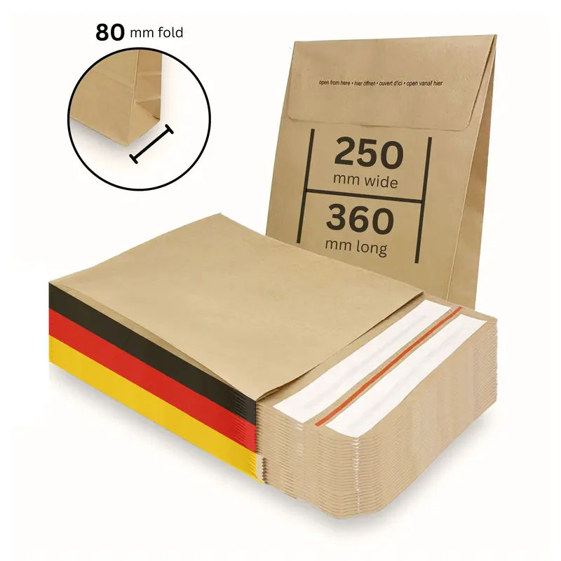 Versandtaschen - Kraftpapier mit Seiten- Bodenfalte 250 x 80 x 360 + 100 mm 110 g/m² - 100 Stück