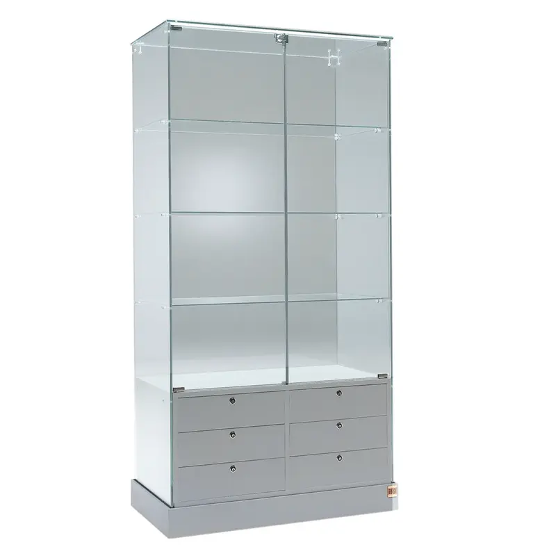 Vitrine armoire verre trempé avec tiroirs et spots LED
