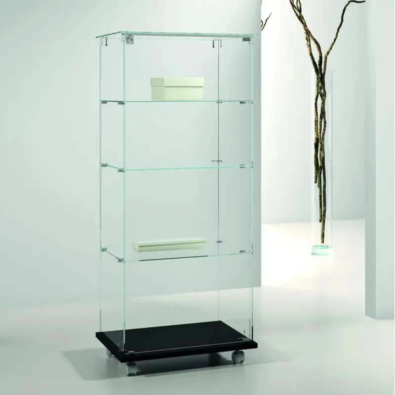 Vitrine colonne en verre trempé sur roulettes — 140 cm