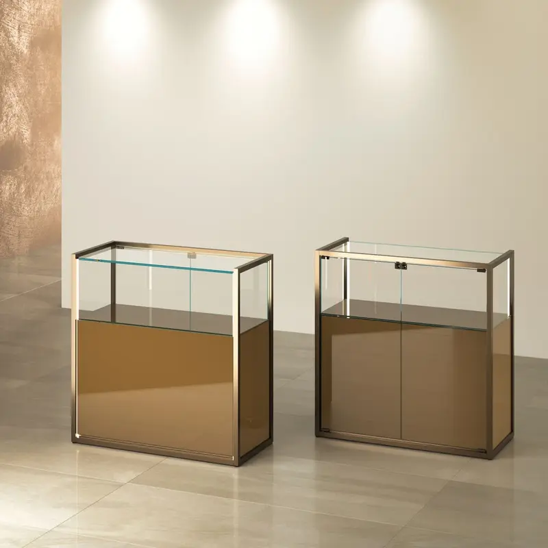 Vitrine comptoir verre trempé LED avec rangement intégré