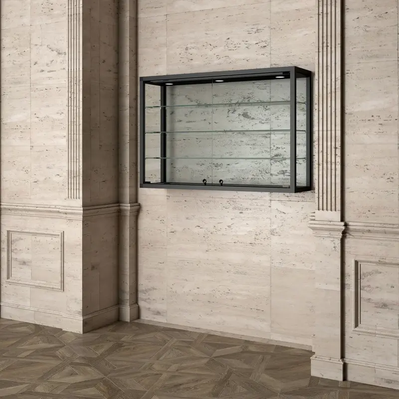 Vitrine murale LED pour musée et galerie — 95 × 25 × 80 cm, noir mat