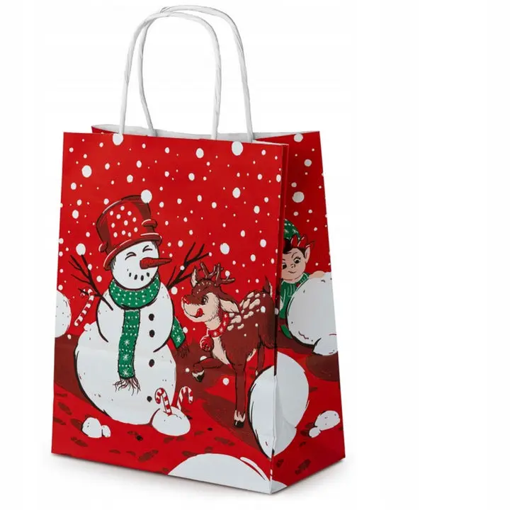 Weihnachts-Papiertragetasche 18+8x22,5 cm, Schneemann, rot
